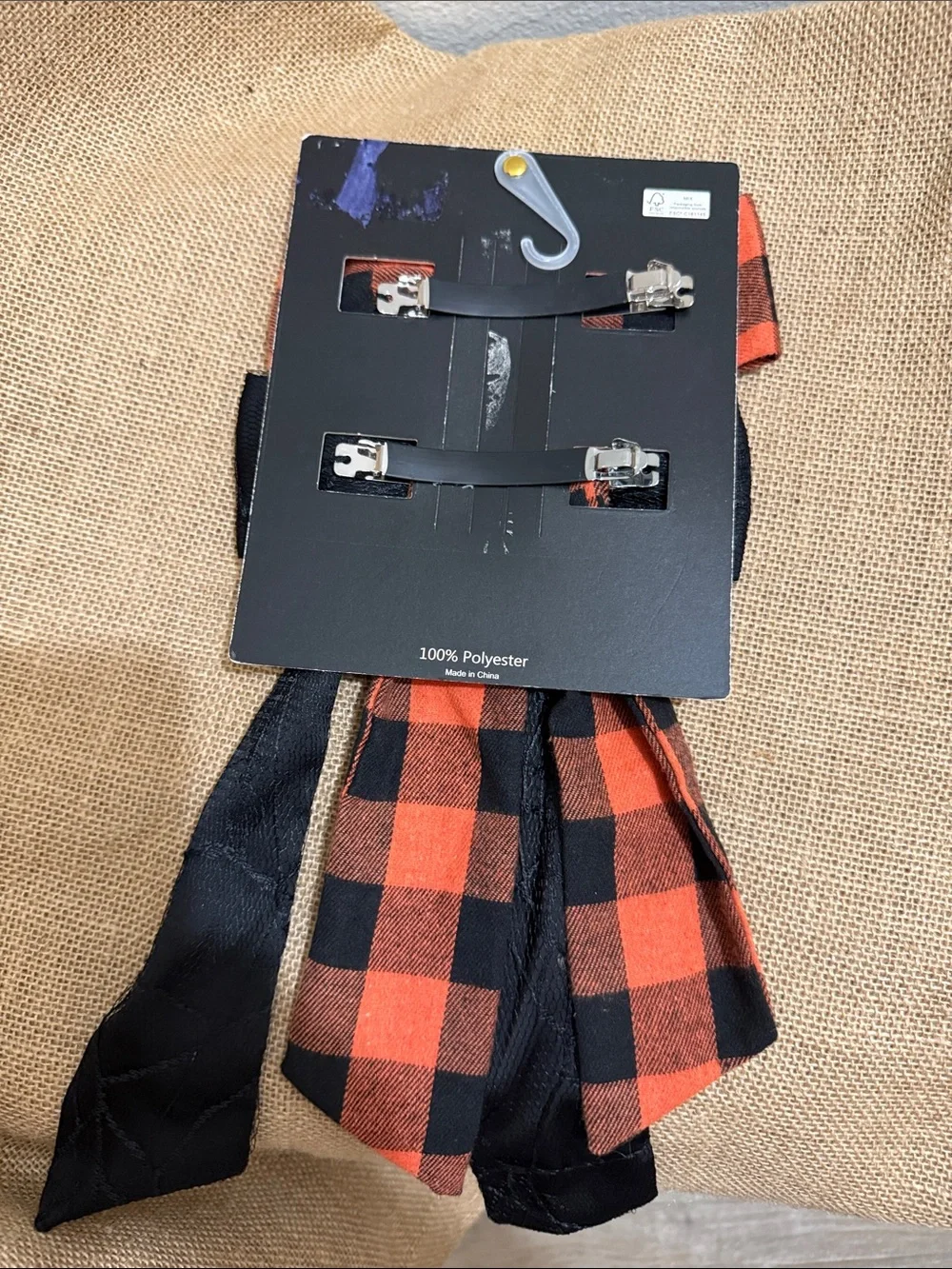 Piper Black & Orange Buffalo Plaid and Solid Black Bow Clip Set